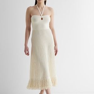 Ribbed halter neck fringe midi sweater dress